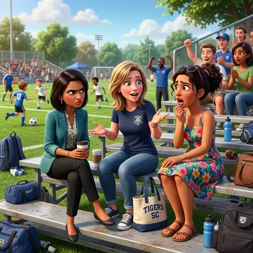 Vivid 3D Animation of Three Moms Chatting at Soccer Game