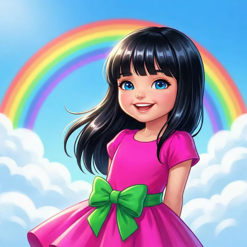 Create Image of Adorable Girl in Pink Dress with Black Hair