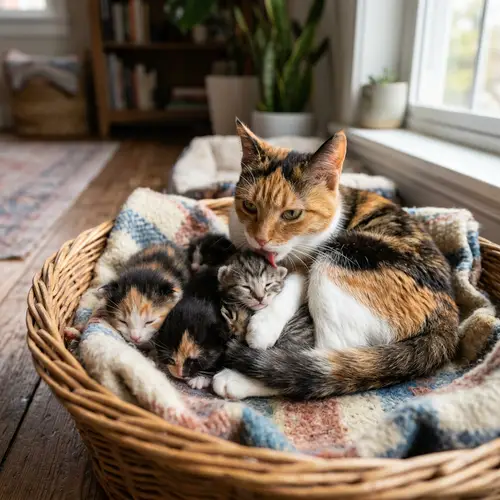 Mother Cat Caring for Kittens - Heartwarming Scene