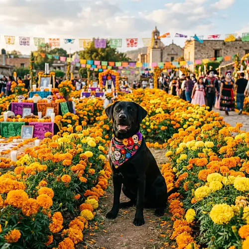 Black Labrador in Day of the Dead Flower Field