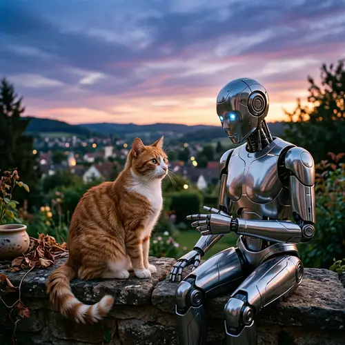 Captivating Cat and Android Scene | Serene Mutual Curiosity