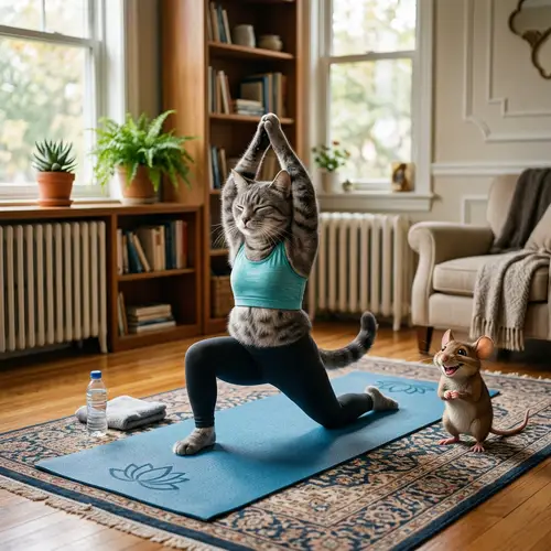 Cat and Mouse Yoga Fun in Living Room