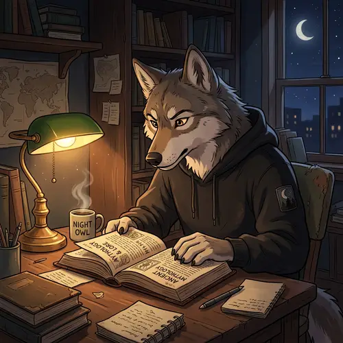 Animated Wolf in Black Hoodie Studying Intently
