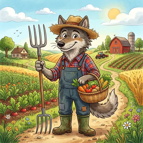 Whimsical Wolf Farmer Cartoon Illustration