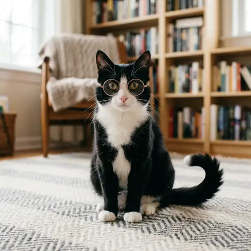 Intelligent Black and White Cat with Glasses on Cashmere Rug