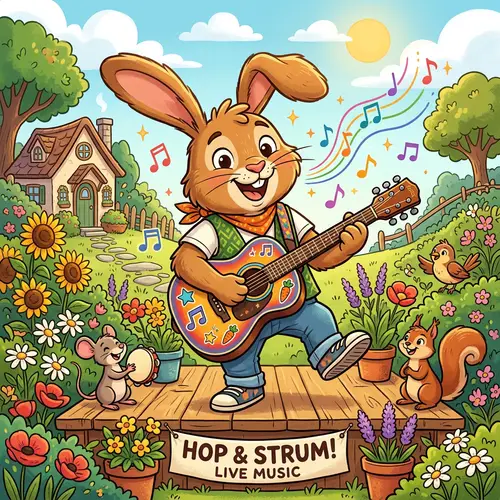 Cartoon Rabbit Playing Guitar - Fun Artwork