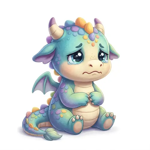 Cute Sad Cartoon Dragon on White Background