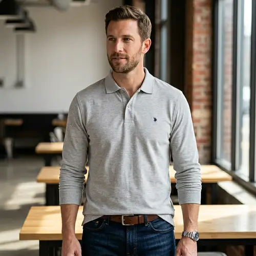 Two-Button Long Sleeve Polo Shirt