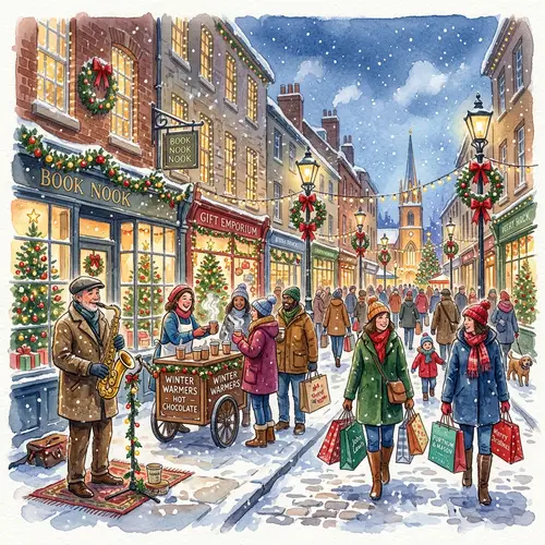 Christmas City Street Watercolor Painting - Festive Urban Scene