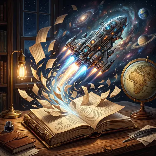 Open Book with Spaceship: Digital Art Exploration