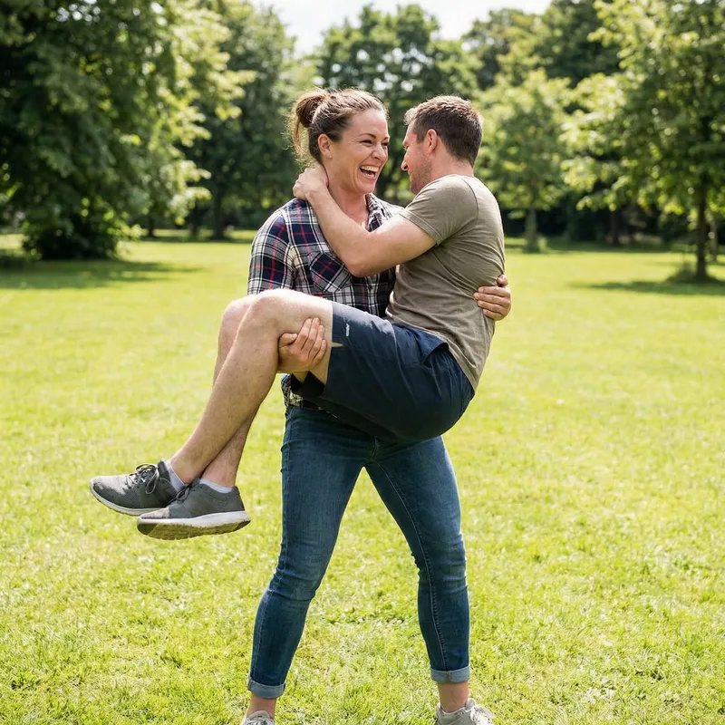 Empowering Strength: Woman Lifts Man in Embrace