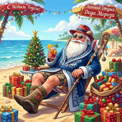 Grandfather Frost Vacation: Festive Image of Russian Folklore Figure by the Sea