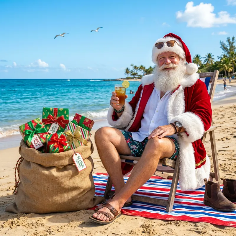 Stylish Santa Claus Relaxing at Sea with Gifts Stylish Santa Claus Relaxing at Sea with Gifts