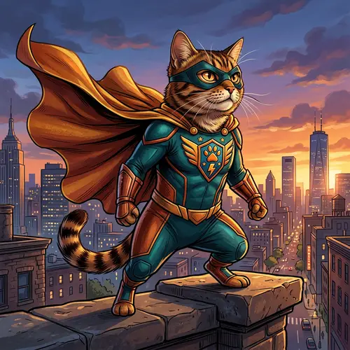 Tabby Cat Superhero Costume - Unique and Colorful Illustration