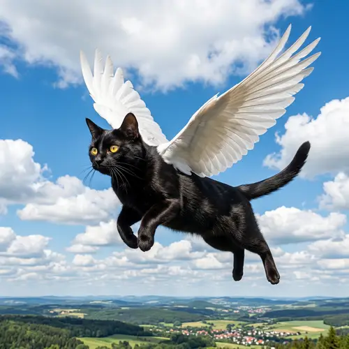 Beautiful Black Winged Cat Soaring in Azure Sky