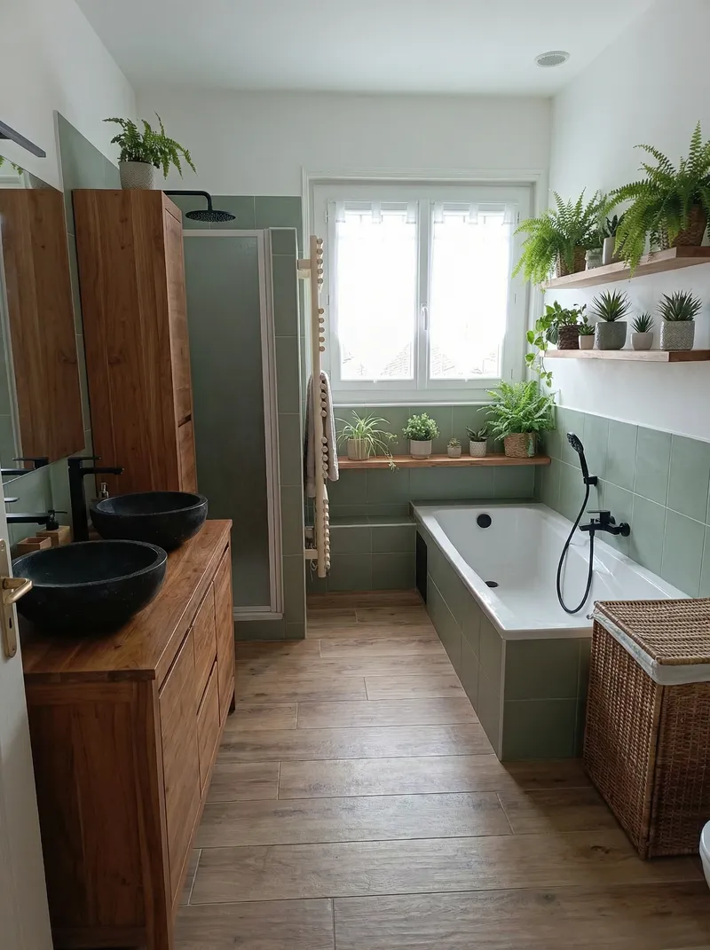 Nature-Inspired Bathroom with Black Vessels & Wood Accents