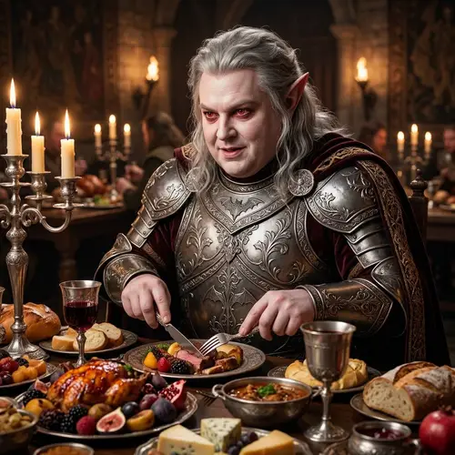 Overweight Elf Vampire Feasting in Full Plate Armor