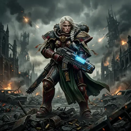 Futuristic Female Warrior with High-Tech Weaponry | Warhammer 40000 Inspired