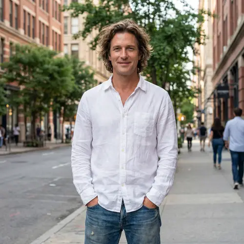 Charismatic Man with Medium Length Wavy Hair in Urban Setting