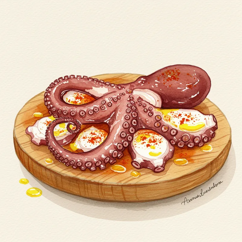 Elegant Galician Octopus Tapas Watercolor Art