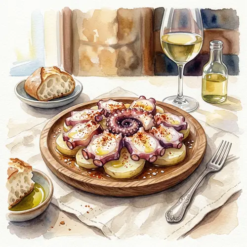Elegant Galician Octopus Tapas Watercolor Art