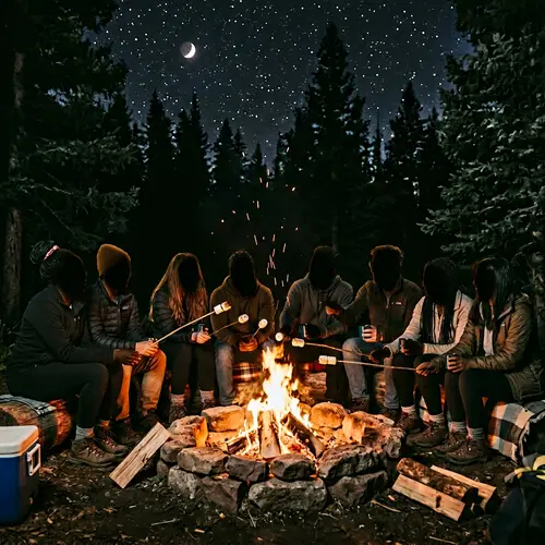 Diverse friends at campfire roasting marshmallows