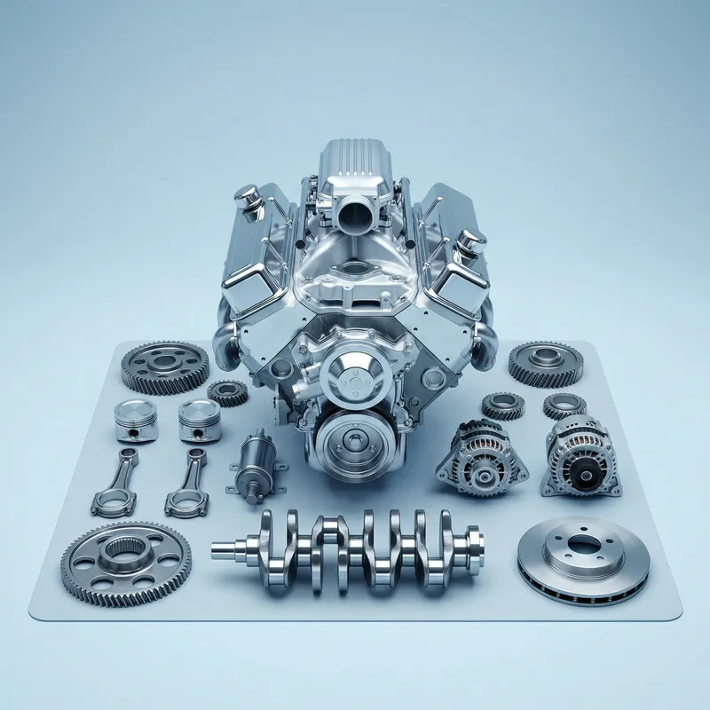 Sleek V8 Engine and Auto Parts on Blue Background
