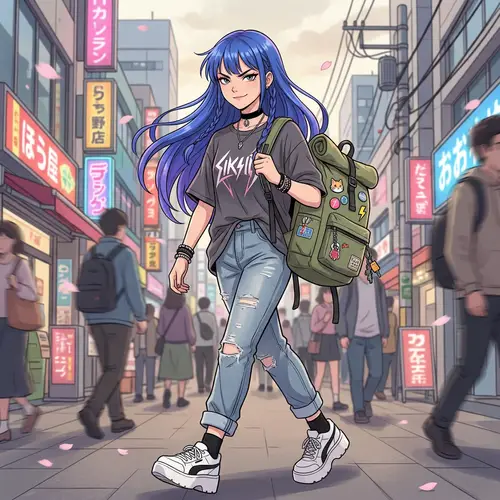 Anime-Style Girl with Electric Blue Hair | Fashionable Outfit