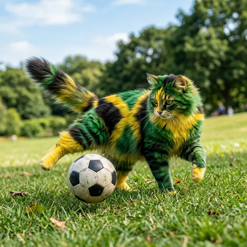 Jamaican Flag Cat Playing Soccer in Vibrant Colors