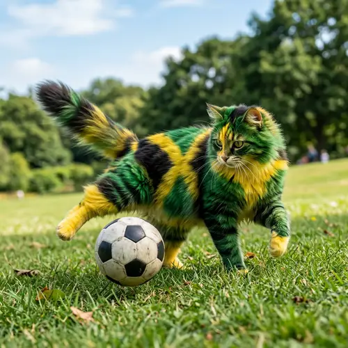 Playful Jamaican Flag Cat Kicking Football in Park Setting