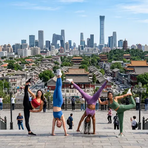Beijing Cityscape with Dramatic Lady Stunt Poses