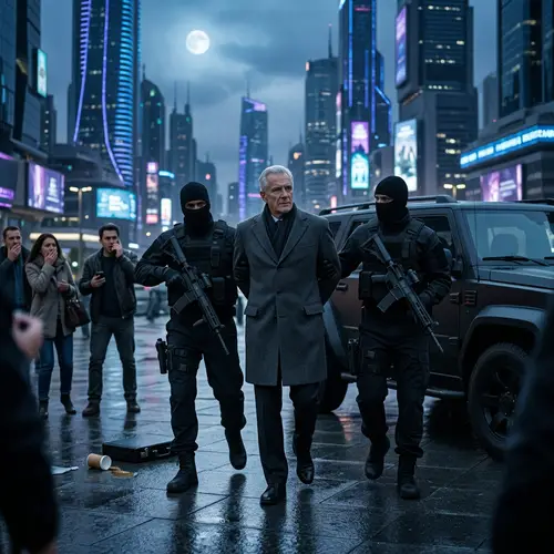 Dramatic Elder Abduction in Futuristic Cityscape