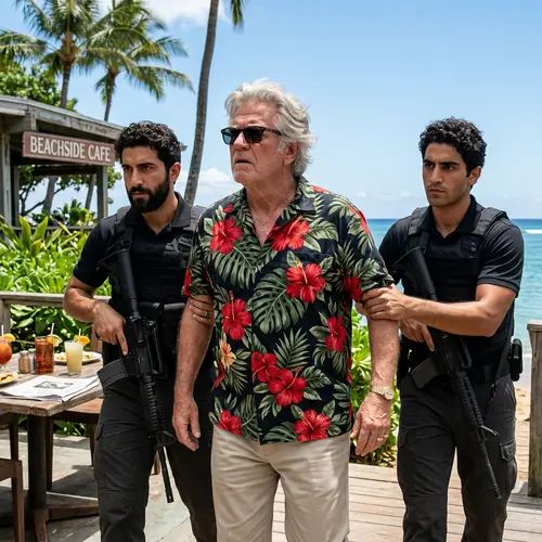 Dramatic Scene: Senior Man in Hawaiian Shirt Captured by Armed Duo