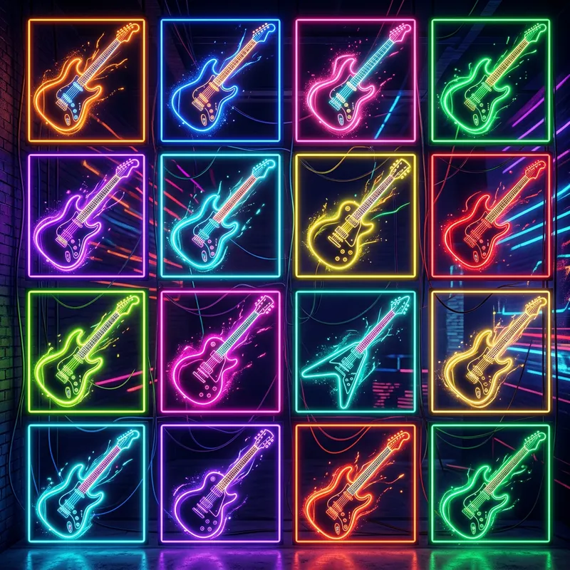 Neon Electric Guitars: Vibrant 4x4 Square Composition
