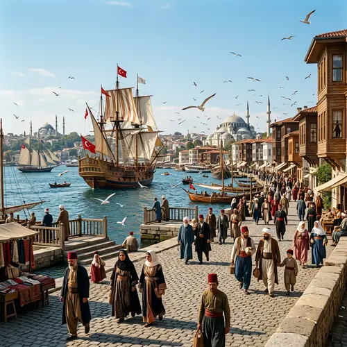 Sunny Ottoman Era Seaside Scene with Ships and People