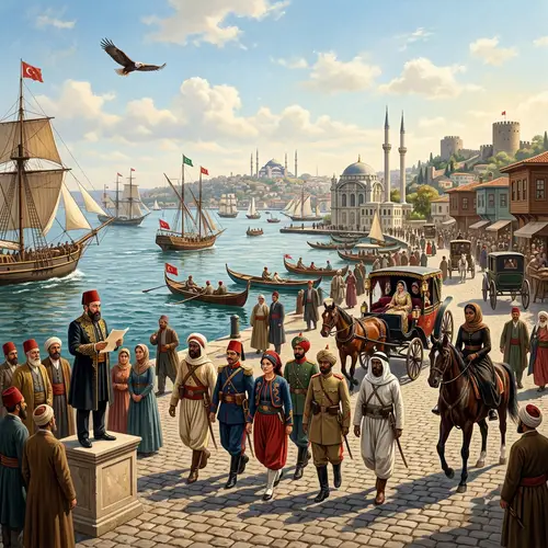 Ottoman Era Scene by Bosphorus with Diverse Characters