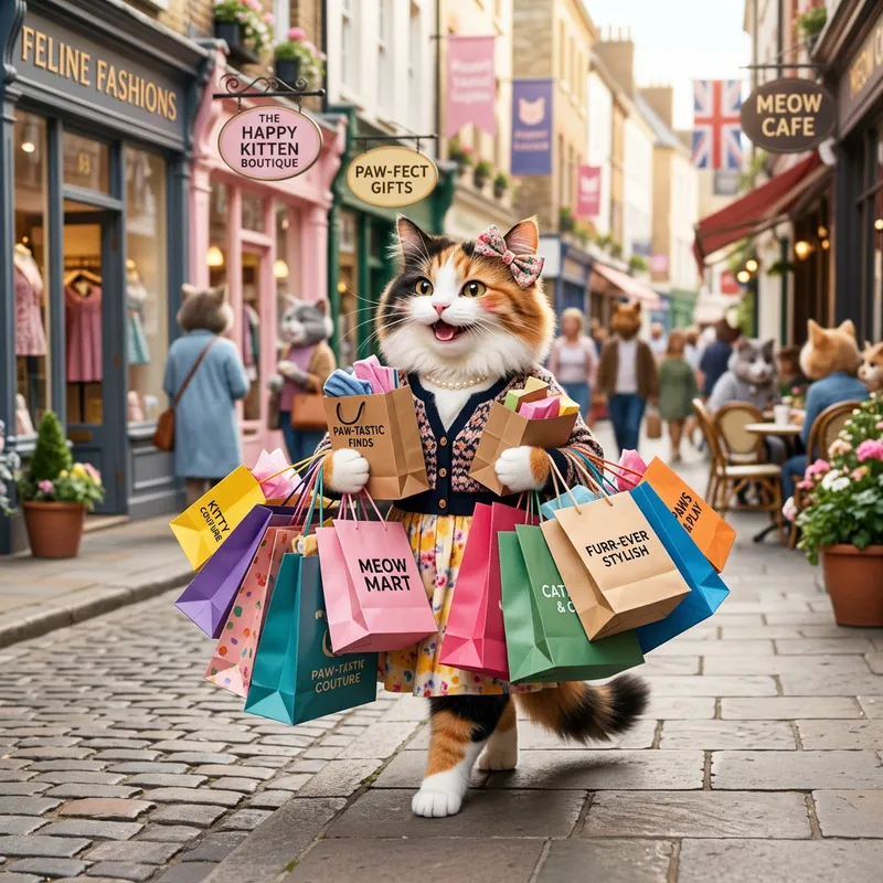 Happy Lady Cat with Shopping Bags