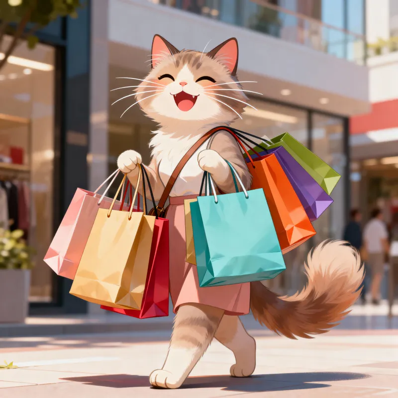 Happy Lady Cat with Shopping Bags