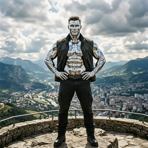 Polished Steel Superhero: Muscular and Powerful