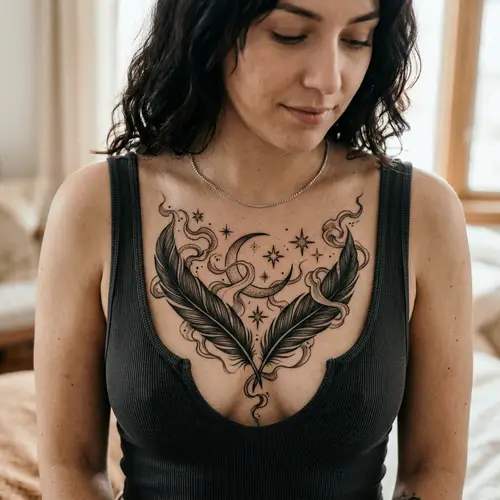 Elegant Women's Chest Tattoo with Feathers & Stars