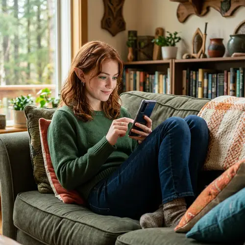 Emerald-Eyed Elf Girl Sitting on Couch | Elf Phone Player