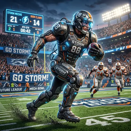 Futuristic Mech-Styled Football Player on Vibrant Field