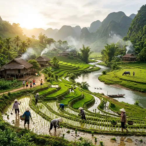 Tranquil Vietnamese Countryside: Lush Fields, Wooden Houses & Farmers