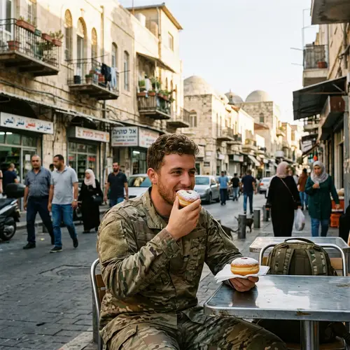 Content Soldier Enjoying Hanukkah Donut in Urban Middle Eastern Setting
