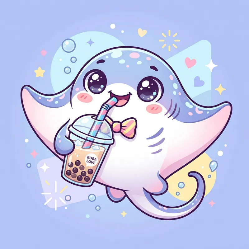 Delightful Kawaii Manta Ray Bubble Tea Illustration