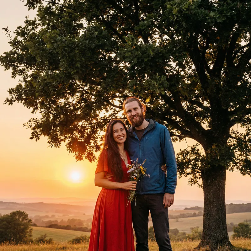 Romantic Couple under Tree at Sunset | Diverse Couple Photo