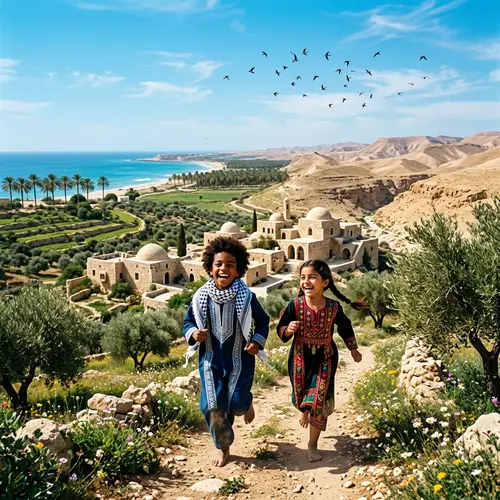 Palestine's Diverse Topography: Green Plains, Palm Trees, & Desert