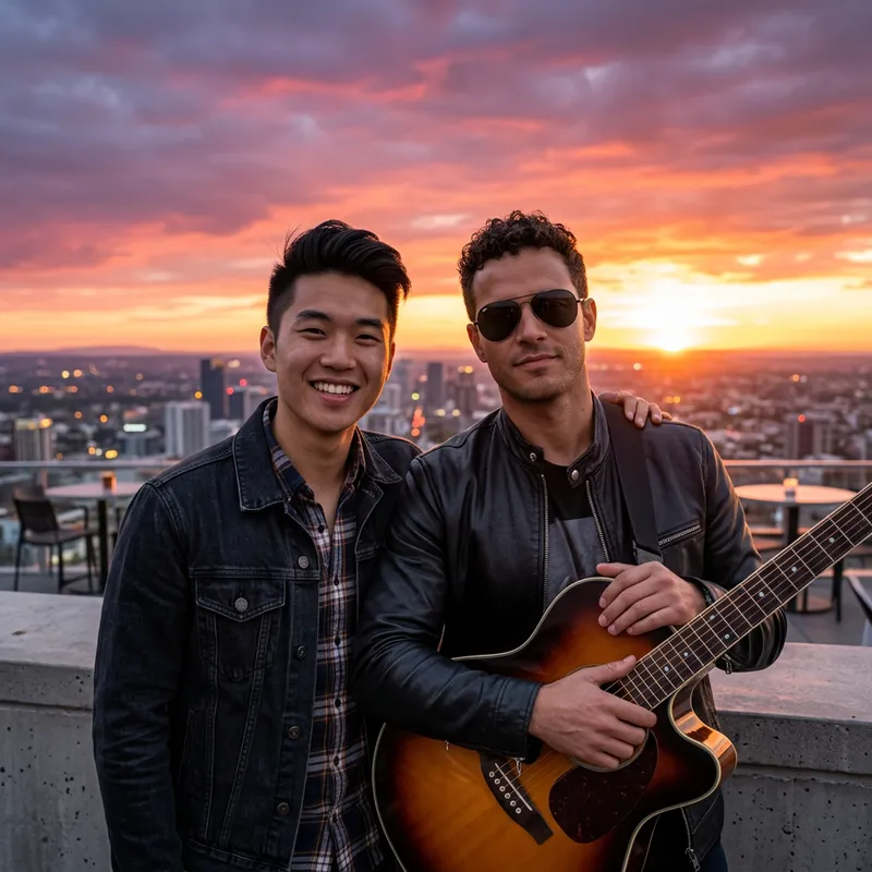 Sunset City Skyline with Guitarist Friends