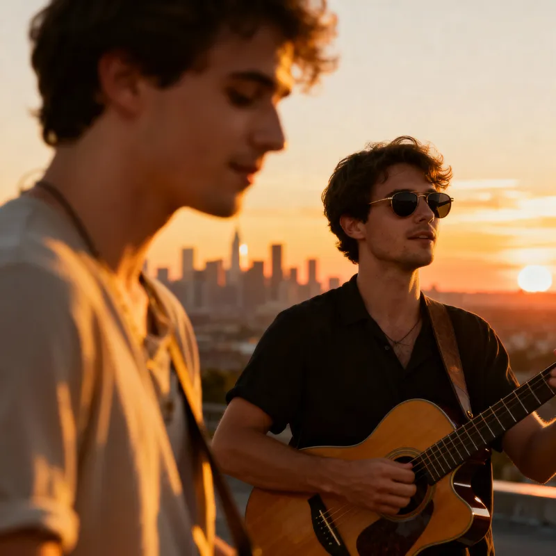 Sunset City Skyline with Guitarist Friends