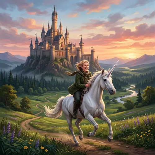 Middle-Aged Woman Riding Mythical Creature to Majestic Castle